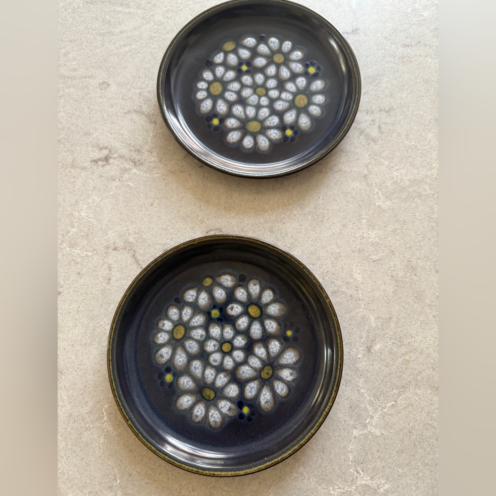Set of two blue handmade ceramic small plates with floral print 7”